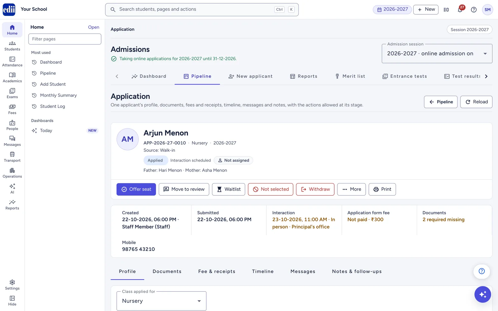 The application page with its action bar, key facts and tabs.