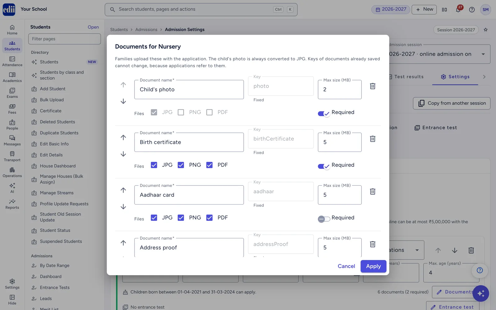 Choose the documents families upload for a class, their file types and size limits.