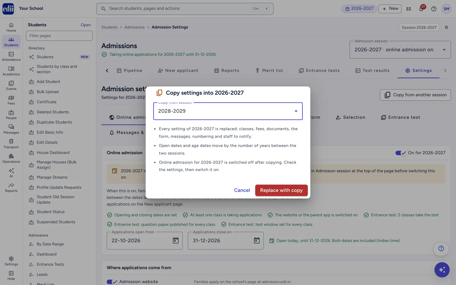Copy another session's settings into this one, then check each tab before going live.