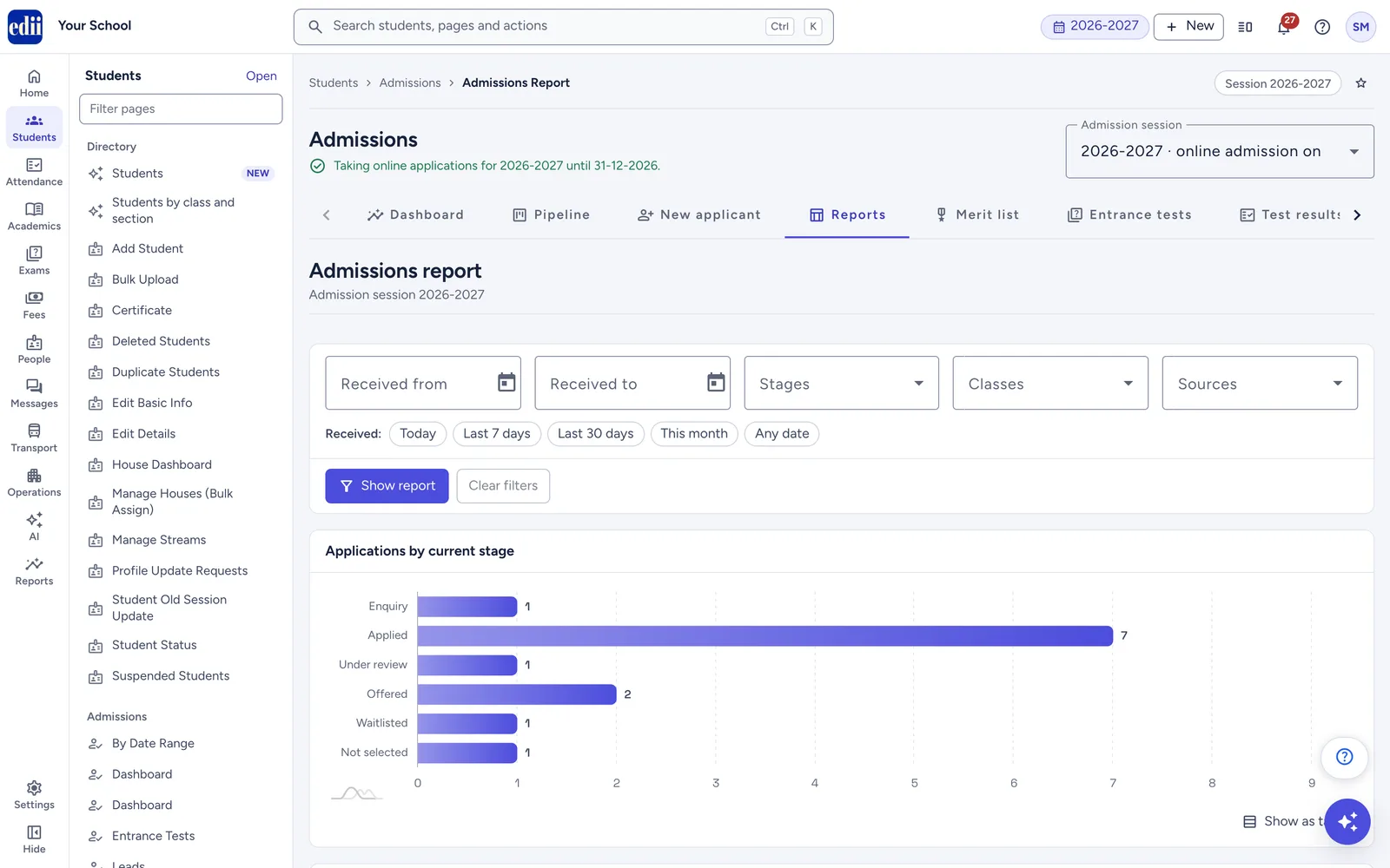 The Admissions report with filters, totals and the Excel and print buttons.