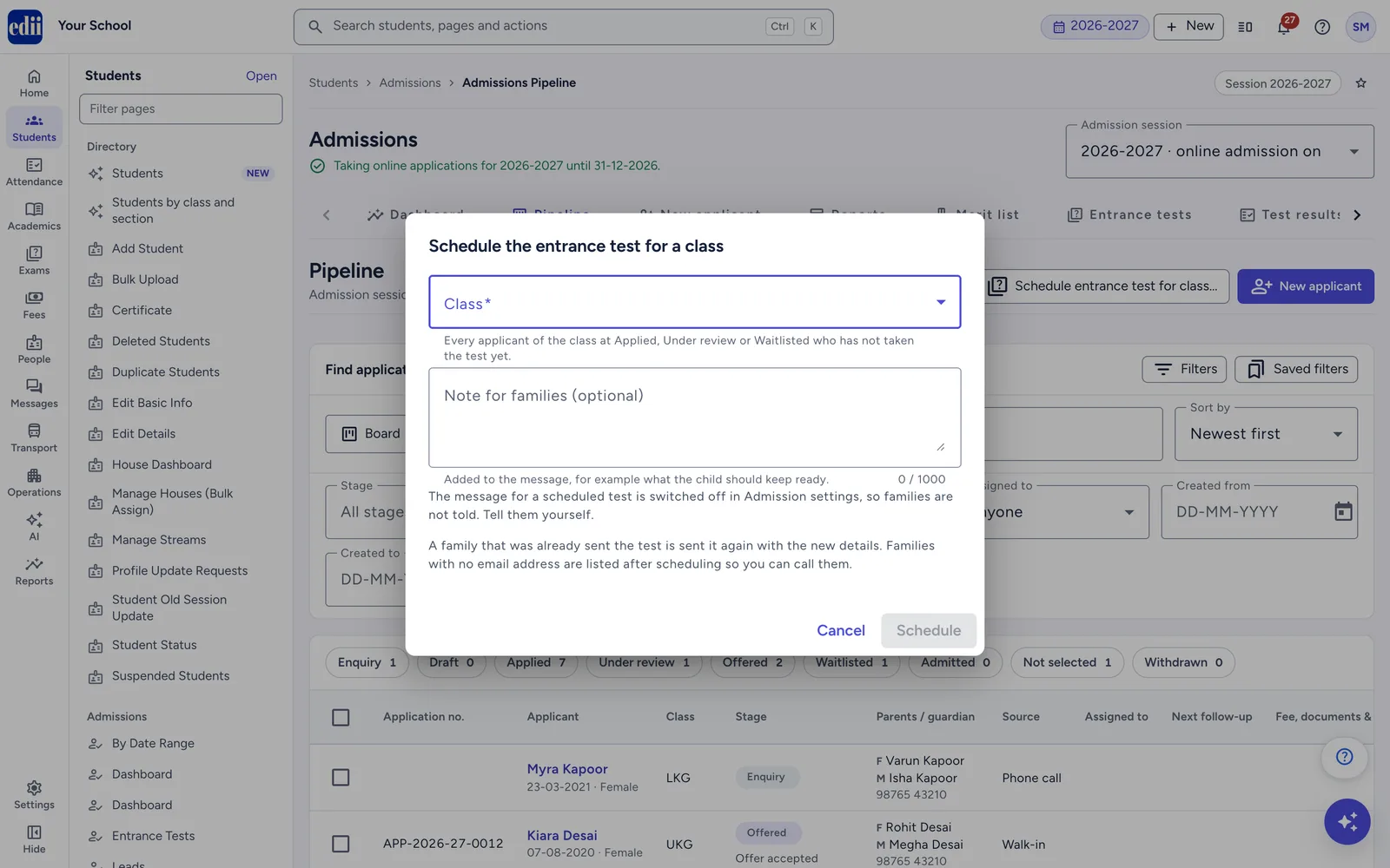 Schedule the test for every applicant of a class in one go from the Pipeline.