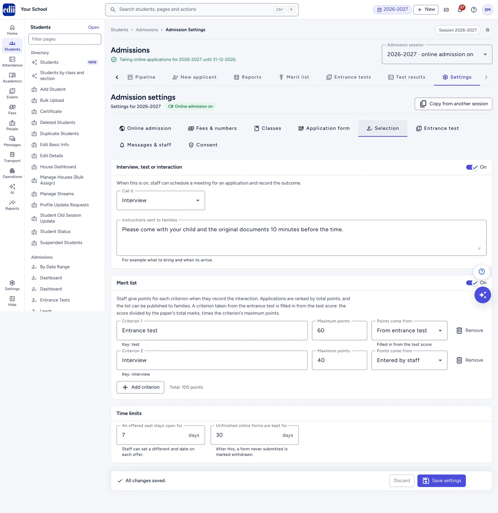 Selection: the interaction, merit points and how long offers and unfinished forms last.