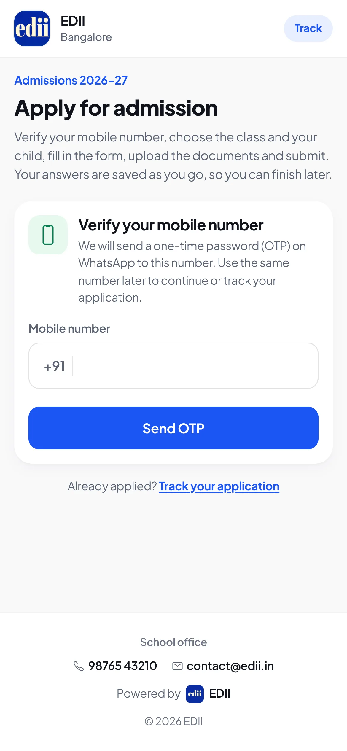 Sign in with your mobile number. EDII sends a one-time password (OTP) on WhatsApp; a first-time number also accepts the account consent.