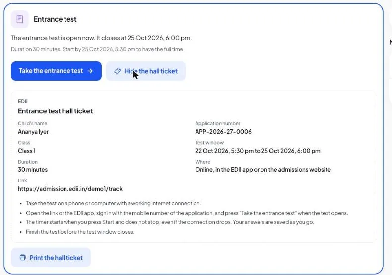The hall ticket lists the test window, the duration and how to take the test, and prints on its own page.