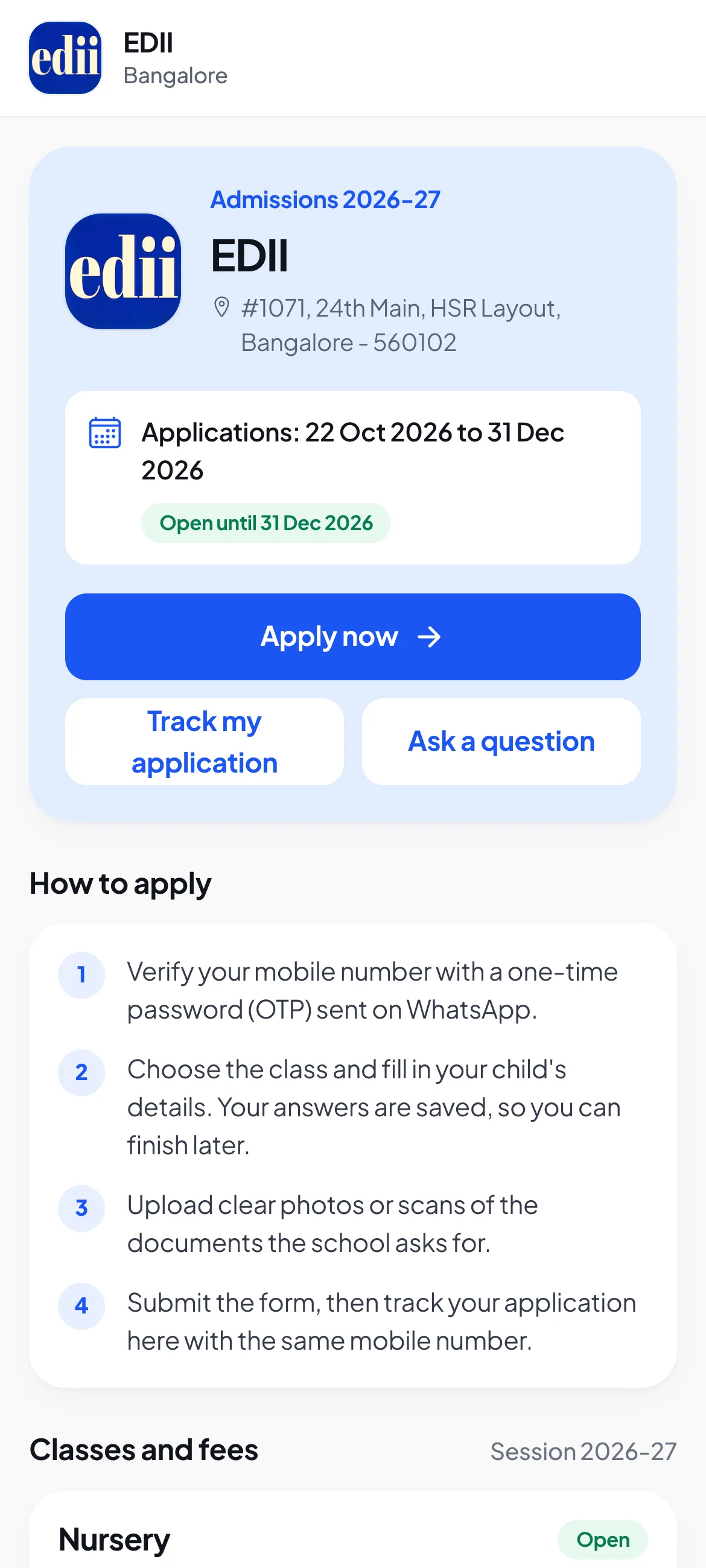 The school page on a phone: the dates, Apply now, Track my application, and each class with its fees, age rule, seats and documents.