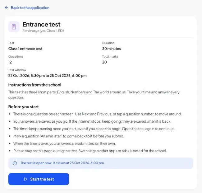 Before the timer starts, the test page lists the facts of the test and the rules.