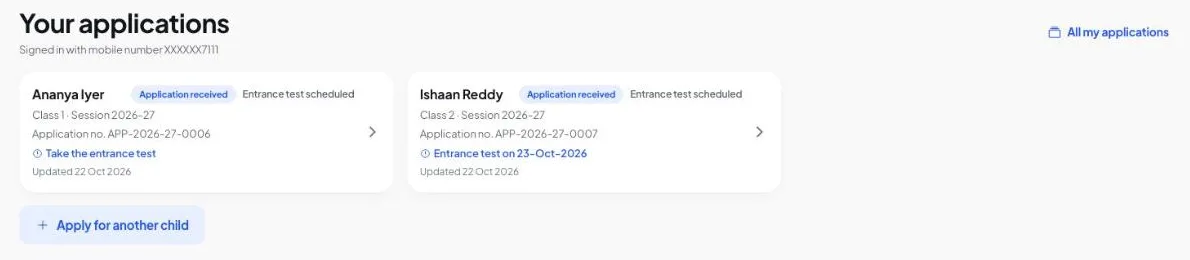 Your applications at this school, with the next step for each.